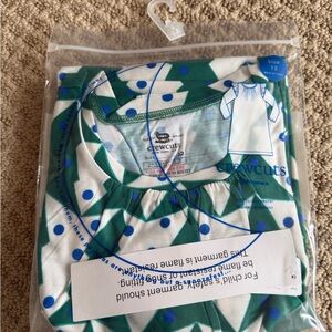 Crewcuts White Dress with Green Geometric Print and Blue Dots